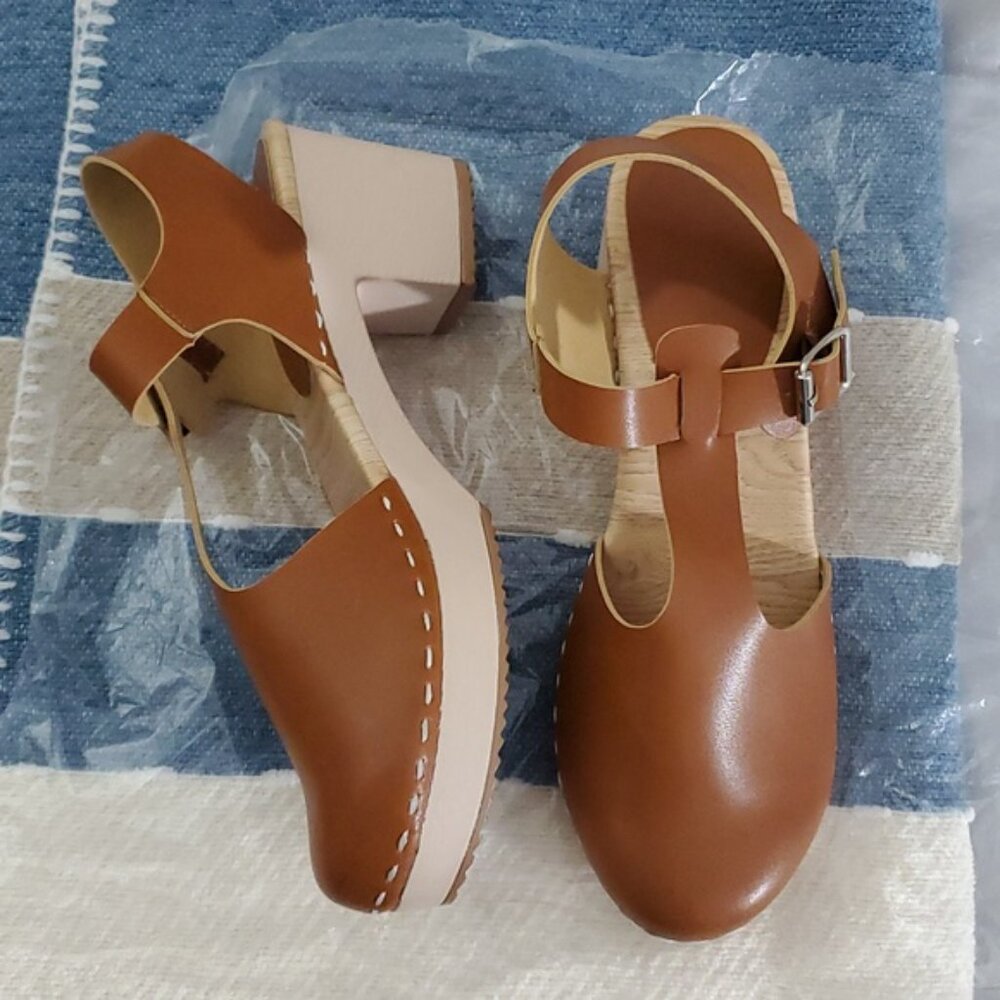 New Swedish Inspired Clogs Block Heel In Camel - Picture 9 of 9